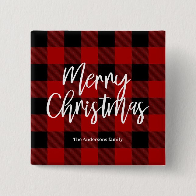 Red Buffalo Plaid & Merry Christmas |Personal Name Button (Front)