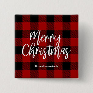 Red Buffalo Plaid & Merry Christmas Personal Name Button