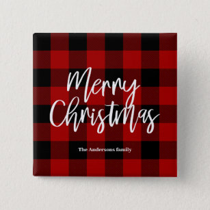 Red Buffalo Plaid & Merry Christmas  Personal Name Button