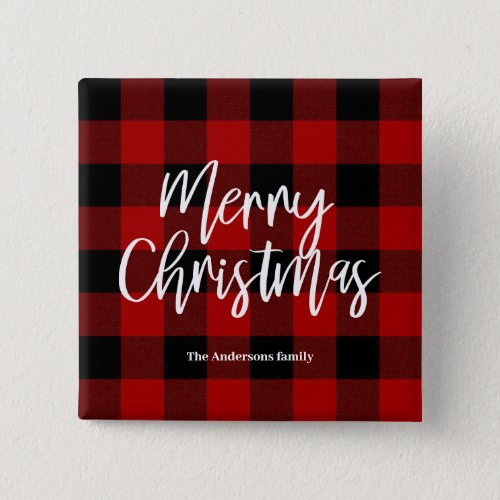 Red Buffalo Plaid  Merry Christmas Personal Name Button