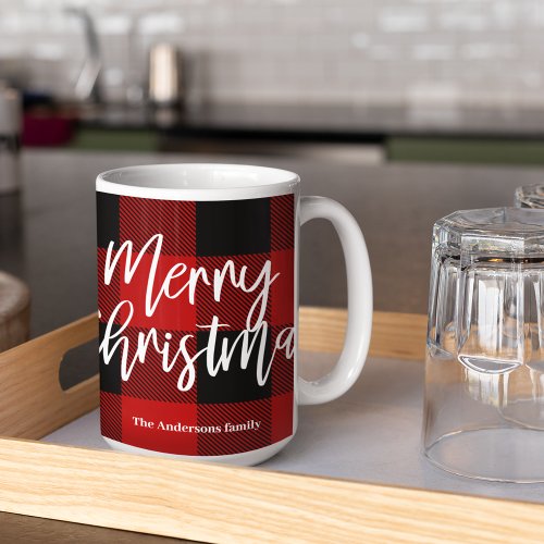 Red Buffalo Plaid  Merry Christmas Personal Name Coffee Mug
