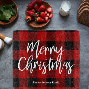 Red Buffalo Plaid & Merry Christmas Personal Name Cutting Board