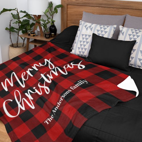 Red Buffalo Plaid  Merry Christmas Personal Name Fleece Blanket