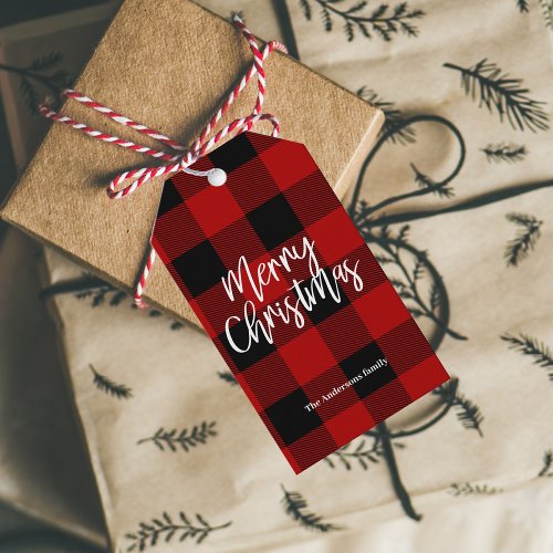 Red Buffalo Plaid  Merry Christmas Personal Name Gift Tags