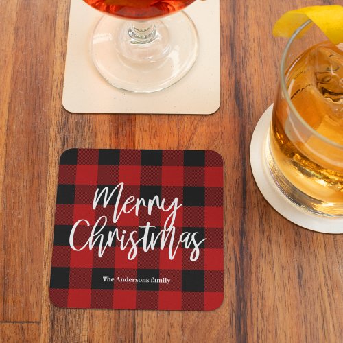 Red Buffalo Plaid  Merry Christmas Personal Name Glass Coaster
