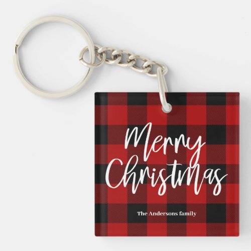 Red Buffalo Plaid  Merry Christmas Personal Name Keychain