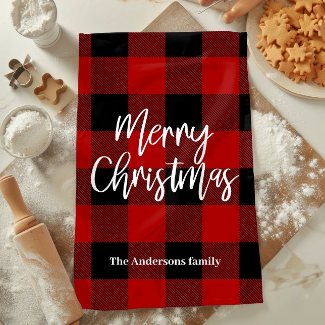 Red Buffalo Plaid & Merry Christmas |Personal Name Kitchen Towel (Creator Uploaded)