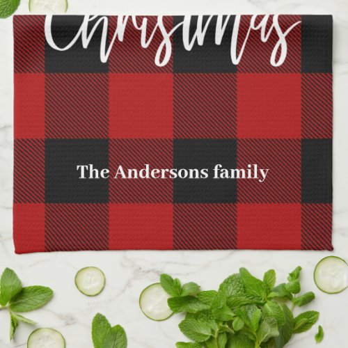 Red Buffalo Plaid  Merry Christmas Personal Name Kitchen Towel