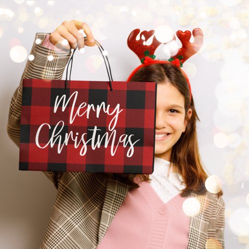 Red Buffalo Plaid  Merry Christmas Personal Name Large Gift Bag