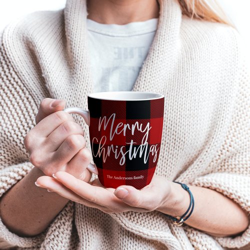 Red Buffalo Plaid  Merry Christmas Personal Name Latte Mug