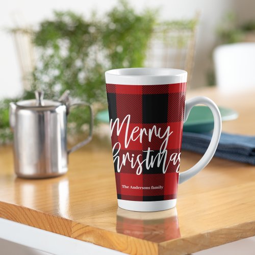 Red Buffalo Plaid  Merry Christmas Personal Name Latte Mug