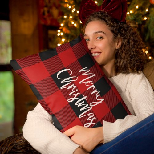 Red Buffalo Plaid  Merry Christmas Personal Name Lumbar Pillow