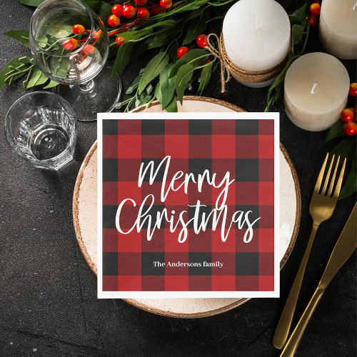 Red Buffalo Plaid  Merry Christmas Personal Name Napkins