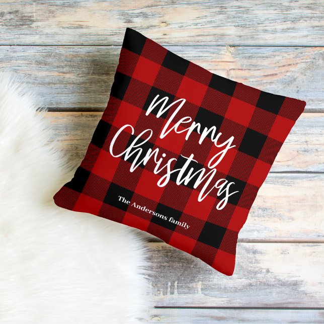 Red Buffalo Plaid & Merry Christmas |Personal Name Outdoor Pillow (Creator Uploaded)