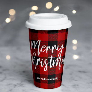 Red Buffalo Plaid & Merry Christmas  Personal Name Paper Cups