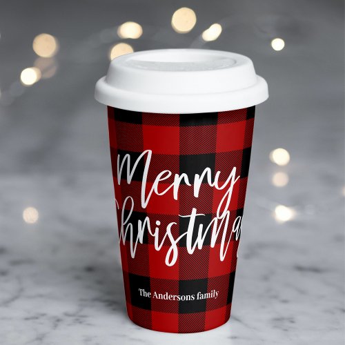 Red Buffalo Plaid  Merry Christmas Personal Name Paper Cups