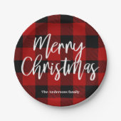 Red Buffalo Plaid & Merry Christmas |Personal Name Paper Plates (Front)