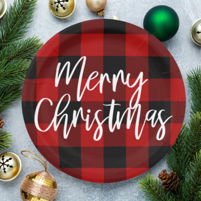Red Buffalo Plaid & Merry Christmas |Personal Name Paper Plates (Creator Uploaded)