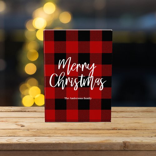 Red Buffalo Plaid  Merry Christmas Personal Name Photo Block