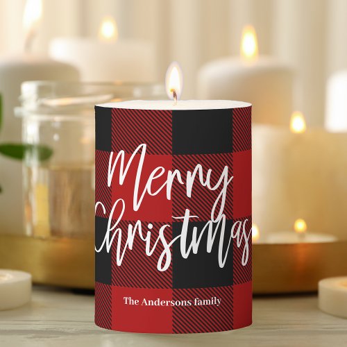 Red Buffalo Plaid  Merry Christmas Personal Name Pillar Candle