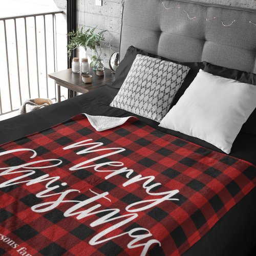 Red Buffalo Plaid  Merry Christmas Personal Name Sherpa Blanket