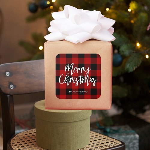 Red Buffalo Plaid  Merry Christmas Personal Name Square Sticker