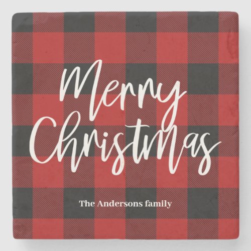 Red Buffalo Plaid  Merry Christmas Personal Name Stone Coaster