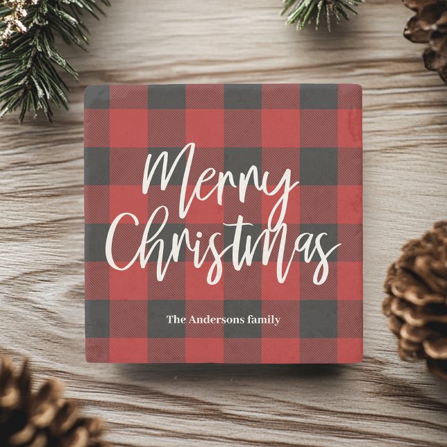 Red Buffalo Plaid & Merry Christmas |Personal Name Stone Coaster (Creator Uploaded)
