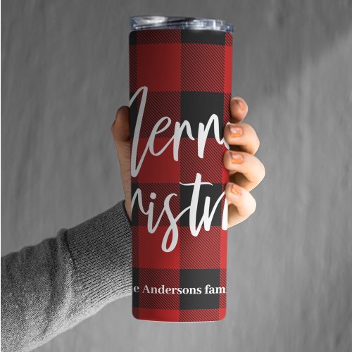 Red Buffalo Plaid  Merry Christmas Personal Name Thermal Tumbler