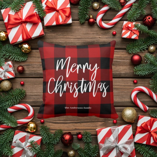 Red Buffalo Plaid & Merry Christmas |Personal Name Throw Pillow (Creator Uploaded)