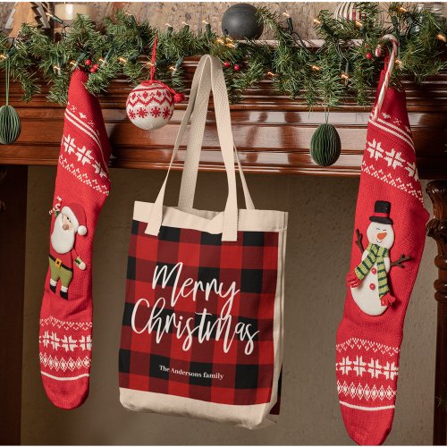 Red Buffalo Plaid  Merry Christmas Personal Name Tote Bag