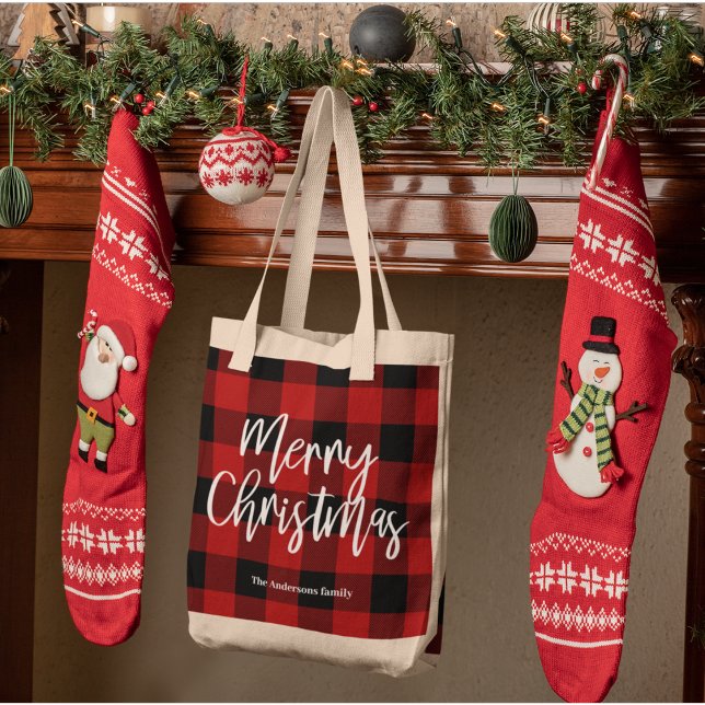 Red Buffalo Plaid & Merry Christmas |Personal Name Tote Bag (Creator Uploaded)