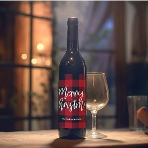 Red Buffalo Plaid & Merry Christmas Personal Name Wine Label