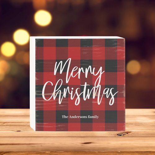 Red Buffalo Plaid  Merry Christmas Personal Name Wooden Box Sign
