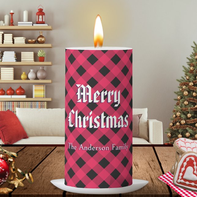 Red Buffalo Plaid Merry Christmas Personalized Pillar Candle (Bring a warm glow to your home this winter, with this red buffalo check 'Merry Christmas' candle)