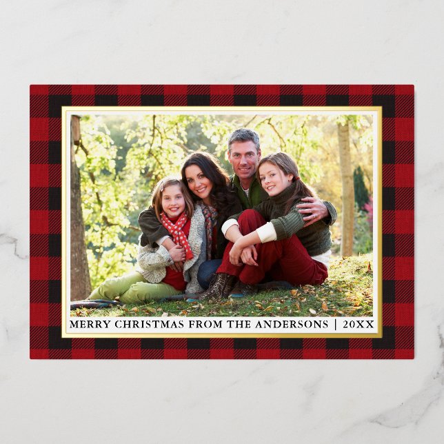 Red Buffalo Plaid Merry Christmas Photo Gold Foil Holiday Card (Front)