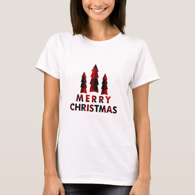 Red Buffalo Plaid Merry Christmas Trees Holiday T-Shirt (Front)