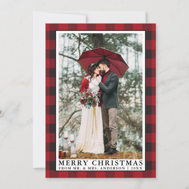 Red Buffalo Plaid Merry Christmas Wedding Photo Holiday Card (Front)