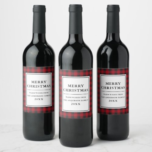 Red Buffalo Plaid Merry Christmas Wine Label