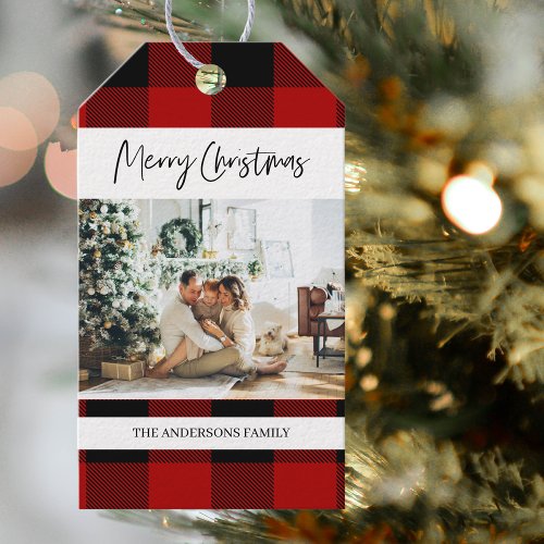 Red Buffalo Plaid  Merry Christmas With Photo Gift Tags