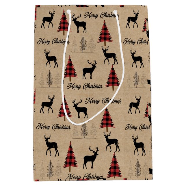 Red Buffalo Plaid & Merry Christmas Woodlands  Medium Gift Bag (Front)