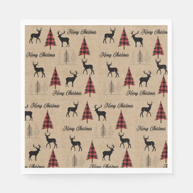 Red Buffalo Plaid & Merry Christmas Woodlands  Napkins (Front)