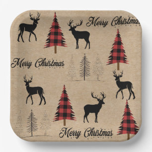 Red Buffalo Plaid & Merry Christmas Woodlands Paper Plates