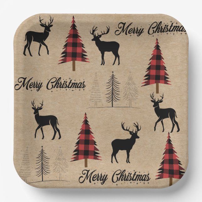 Red Buffalo Plaid & Merry Christmas Woodlands  Paper Plates (Front)