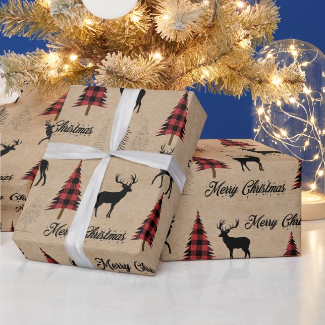 Red Buffalo Plaid & Merry Christmas Woodlands  Wrapping Paper (Holidays)