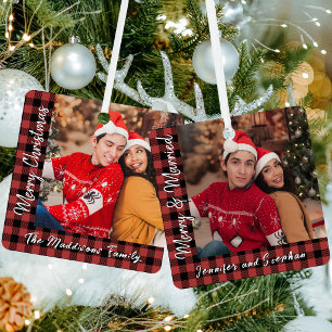 Red Buffalo Plaid Merry & Married Christmas Photo Metal Ornament