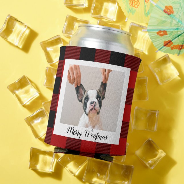 Red Buffalo Plaid & Merry Woofmas With Dog Photo Can Cooler (In Situ Summer)