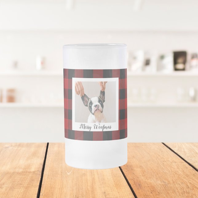 Red Buffalo Plaid & Merry Woofmas With Dog Photo Frosted Glass Beer Mug (Creator Uploaded)