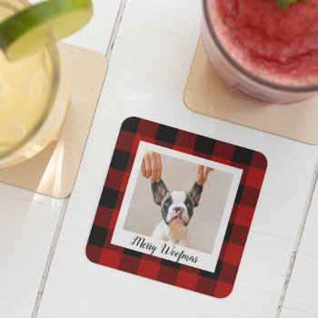 Red Buffalo Plaid & Merry Woofmas With Dog Photo Glass Coaster by LovePattern at Zazzle