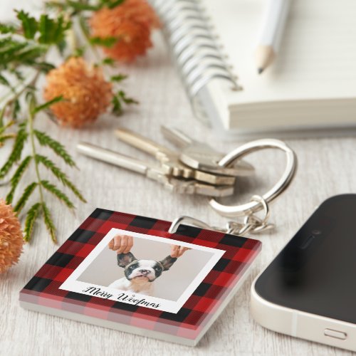 Red Buffalo Plaid  Merry Woofmas With Dog Photo Keychain